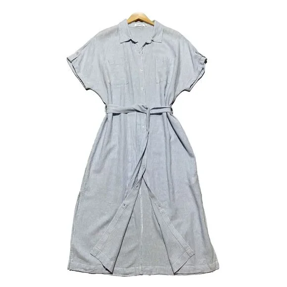 Justfab Striped Linen Blend Shirt Dress Sz XXL Blue White Button-Front Waist Tie - Picture 2 of 9